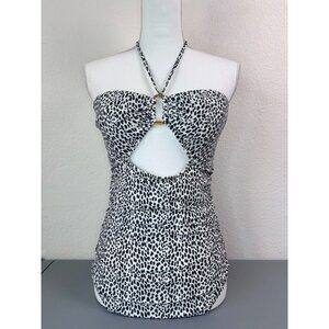 Loft Beach women's 8 ivory grey animal printed one piece swimsuit bandeau halter